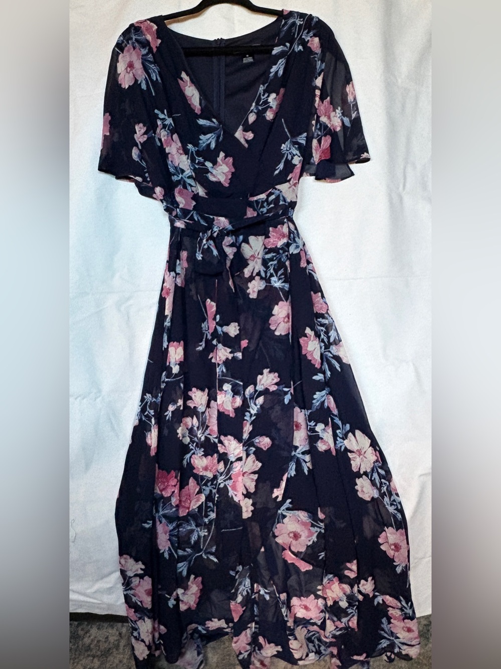 NWT Jessica Howard Navy Pink Floral Chiffon Flutter Sleeve Dress High-Low 16